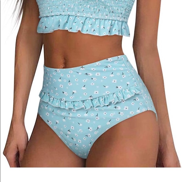 MOOSLOVER Women's Shirred Bandeau Bikini Top High Waisted Bottom 2 P Swimsuits - Picture 4 of 9